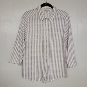 Hester & Orchard Size Large Linen Blend Shirt Button Cream/‎ Purple Striped